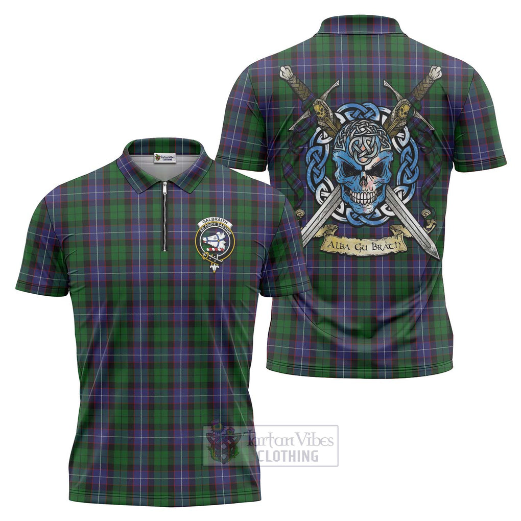 Tartan Vibes Clothing Galbraith Tartan Zipper Polo Shirt with Family Crest Celtic Skull Style