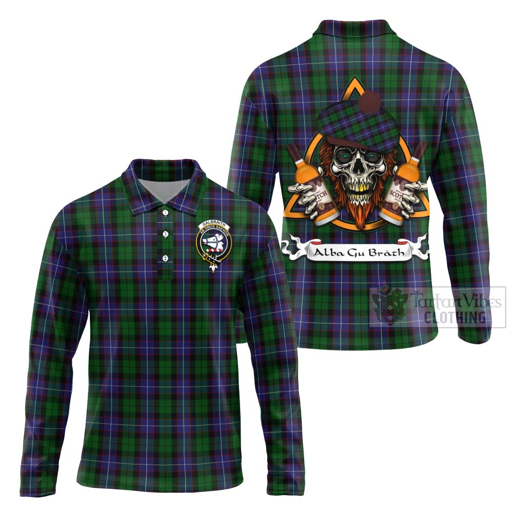 Tartan Vibes Clothing Galbraith Tartan Long Sleeve Polo Shirt with Family Crest and Bearded Skull Holding Bottles of Whiskey