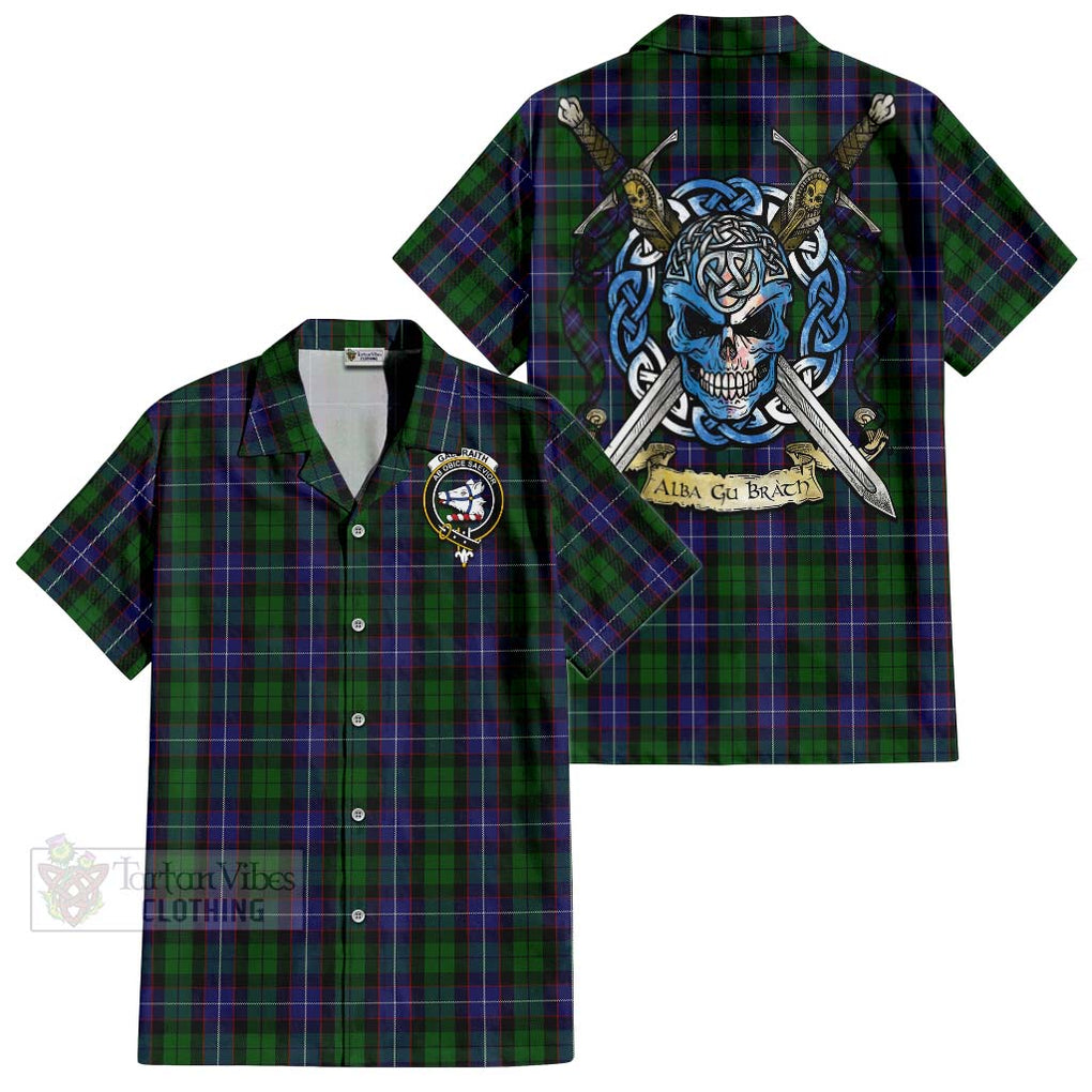 Tartan Vibes Clothing Galbraith Tartan Short Sleeve Button Shirt with Family Crest Celtic Skull Style