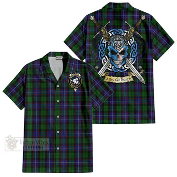 Galbraith Tartan Short Sleeve Button Shirt with Family Crest Celtic Skull Style