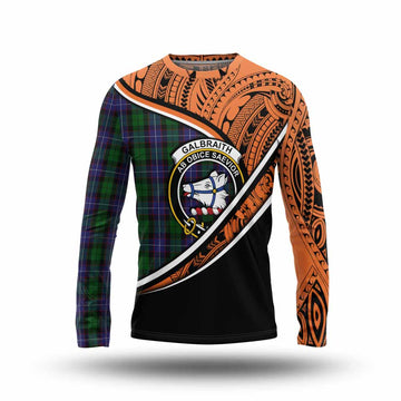 Galbraith Crest Tartan Long Sleeve T-Shirt with Polynesian Vibes Style - Orange Version