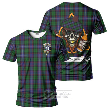 Galbraith Tartan T-Shirt with Family Crest and Bearded Skull Holding Bottles of Whiskey