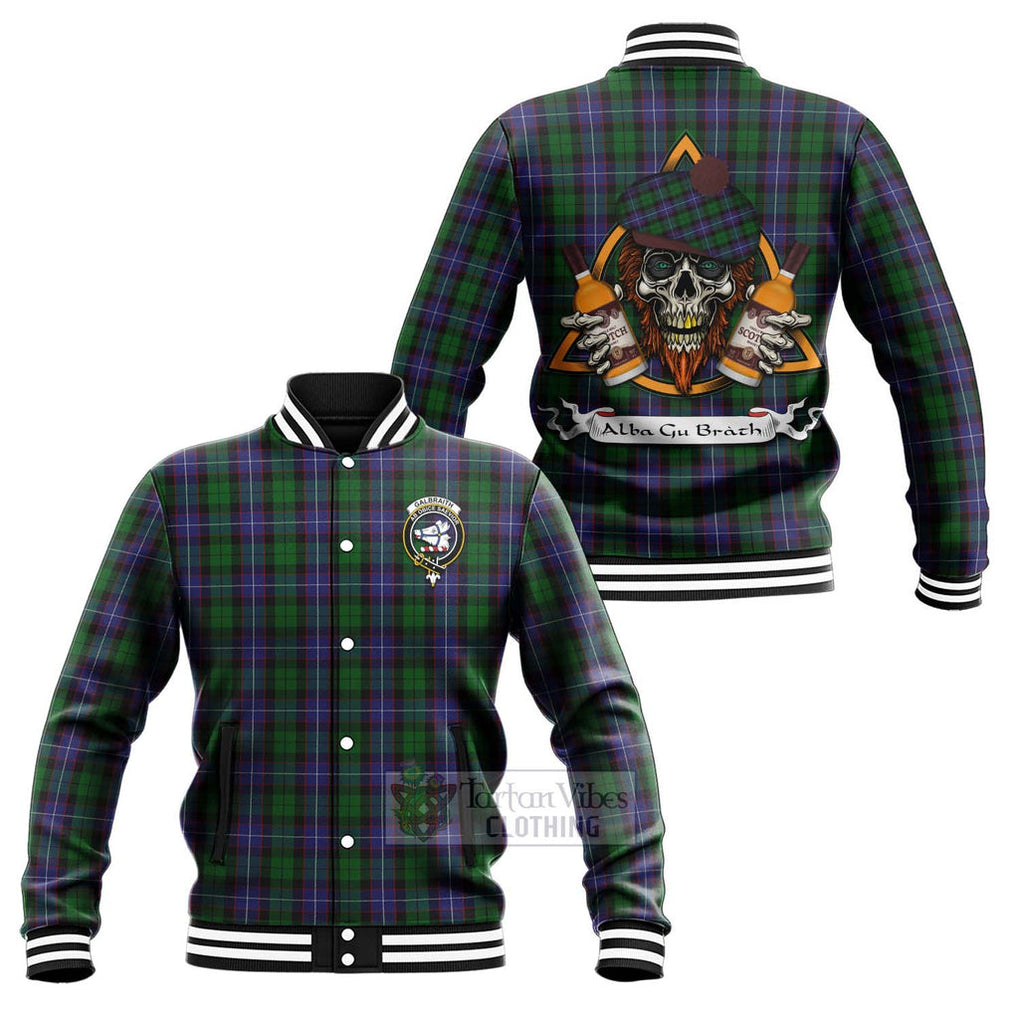 Tartan Vibes Clothing Galbraith Tartan Baseball Jacket with Family Crest and Bearded Skull Holding Bottles of Whiskey