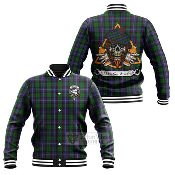 Galbraith Tartan Baseball Jacket with Family Crest and Bearded Skull Holding Bottles of Whiskey