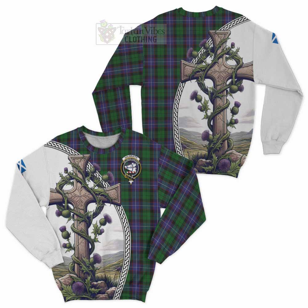 Tartan Vibes Clothing Galbraith Tartan Sweatshirt with Family Crest and St. Andrew's Cross Accented by Thistle Vines