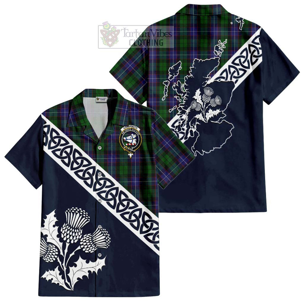 Tartan Vibes Clothing Galbraith Tartan Short Sleeve Button Shirt Featuring Thistle and Scotland Map