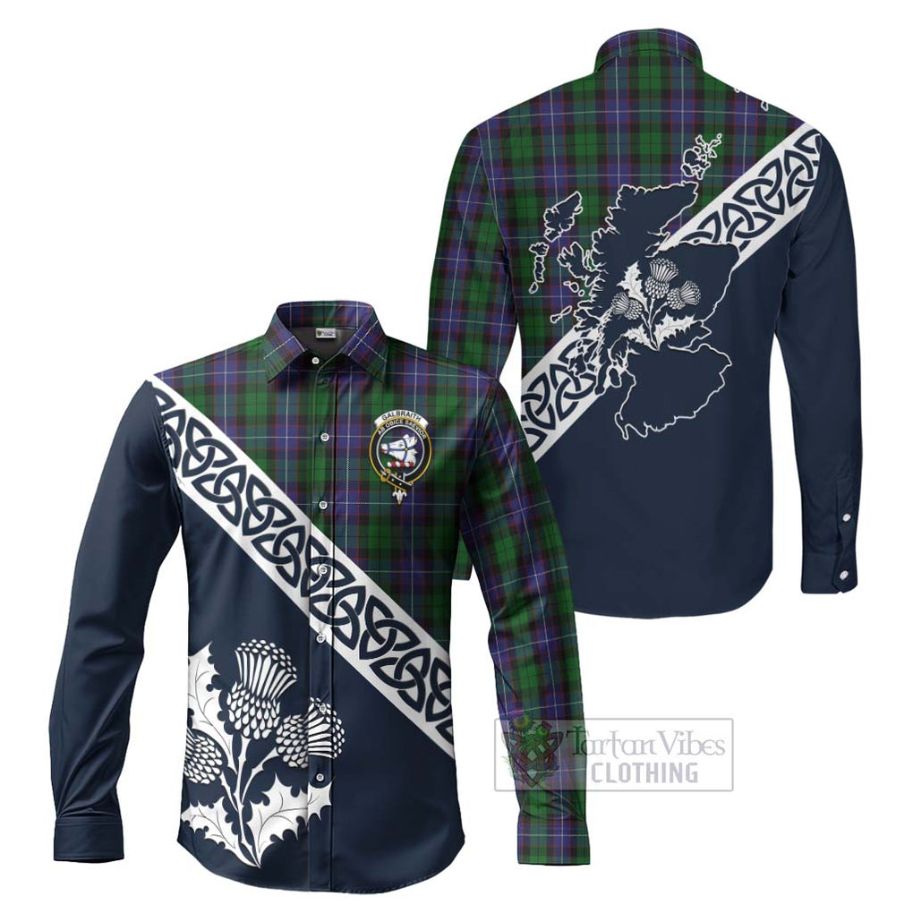 Tartan Vibes Clothing Galbraith Tartan Long Sleeve Button Shirt Featuring Thistle and Scotland Map