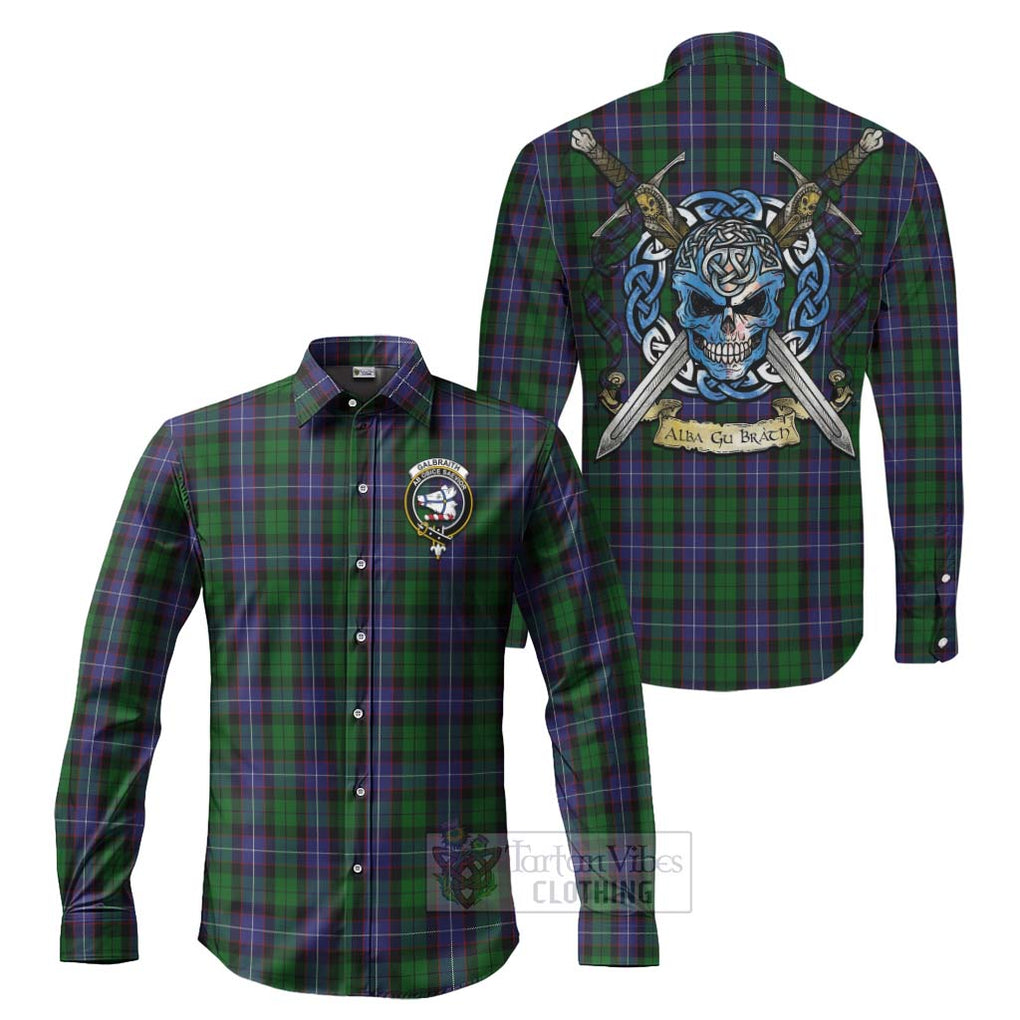 Tartan Vibes Clothing Galbraith Tartan Long Sleeve Button Shirt with Family Crest Celtic Skull Style