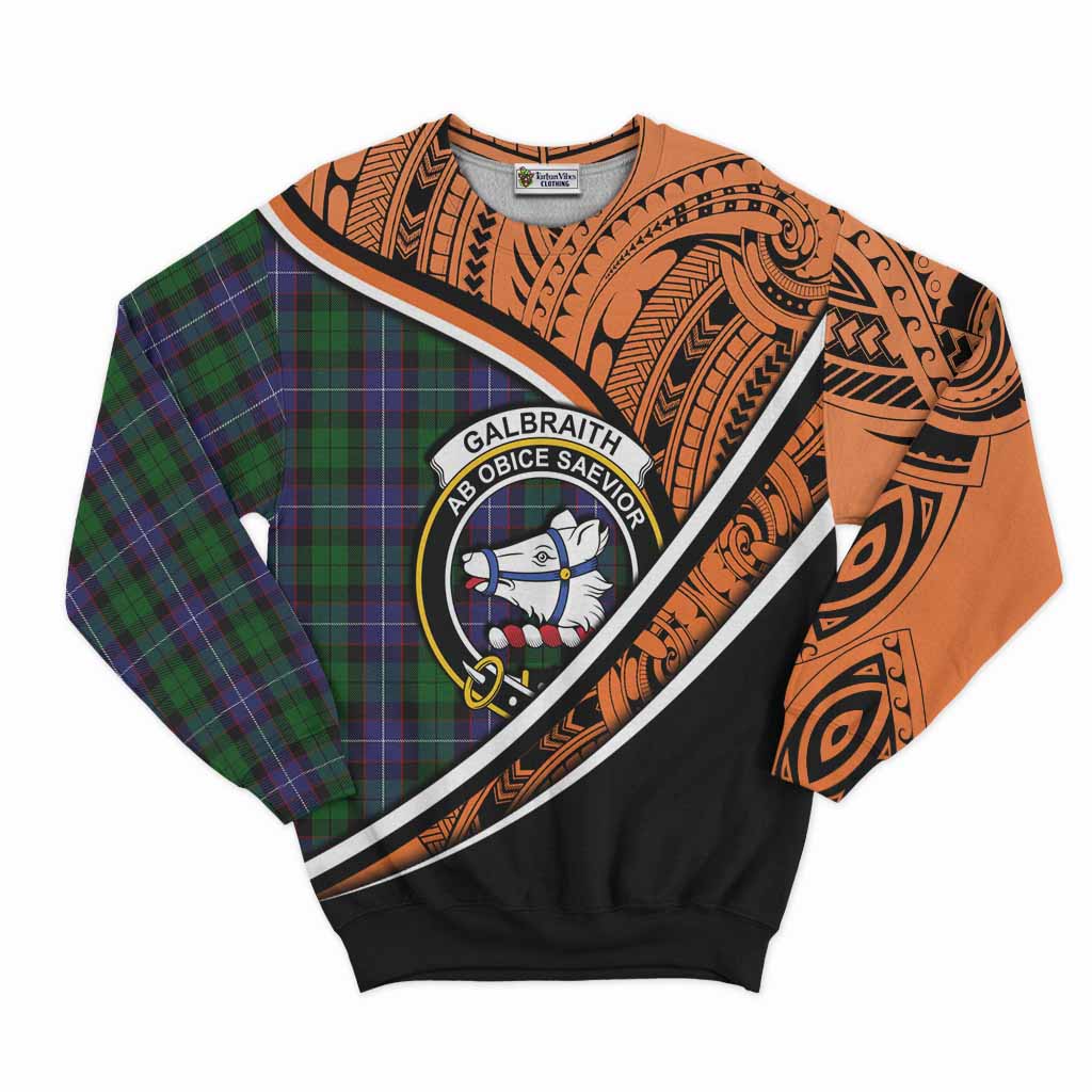 Tartan Vibes Clothing Galbraith Crest Tartan Sweatshirt with Maori Tattoo Style - Orange Version