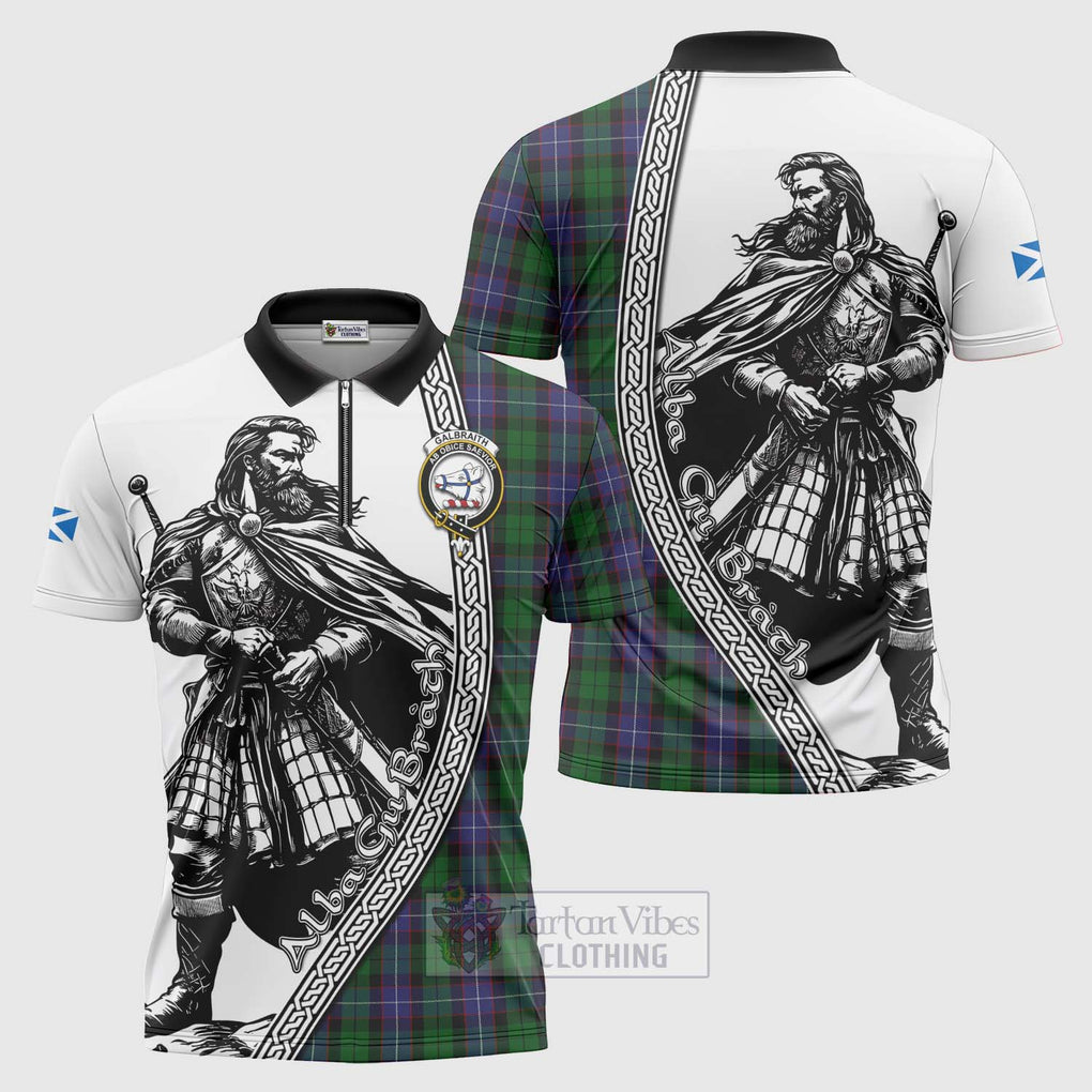 Tartan Vibes Clothing Galbraith Tartan Clan Crest Zipper Polo Shirt with Highlander Warrior Celtic Style