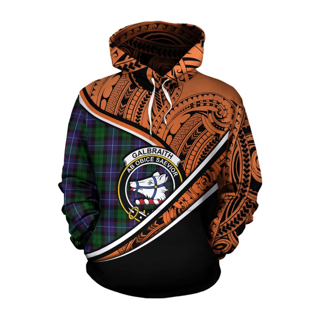 Tartan Vibes Clothing Galbraith Crest Tartan Cotton Hoodie with Maori Tattoo Style - Orange Version