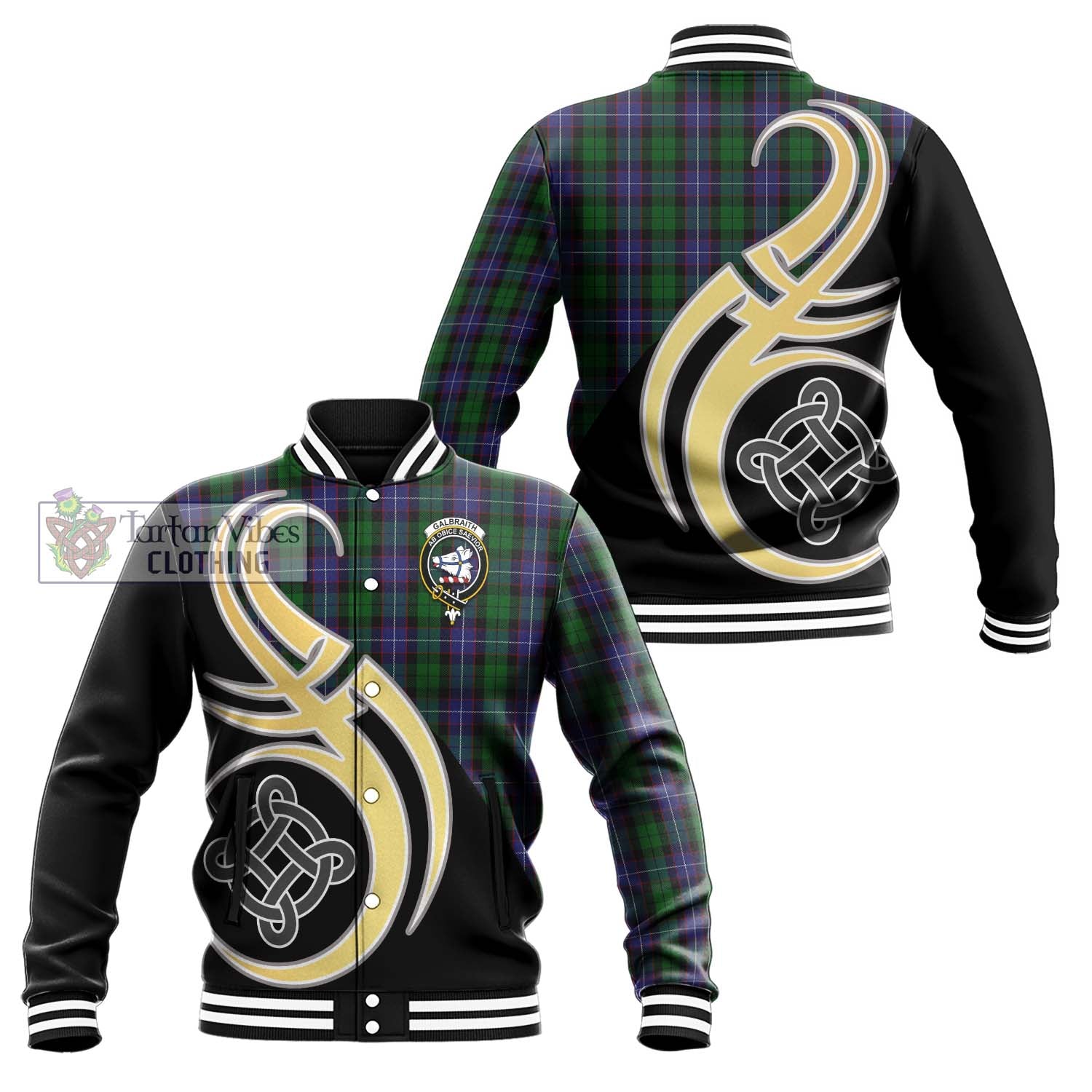 Galbraith Tartan Baseball Jacket with Family Crest and Celtic Symbol Style Unisex - Tartan Vibes Clothing