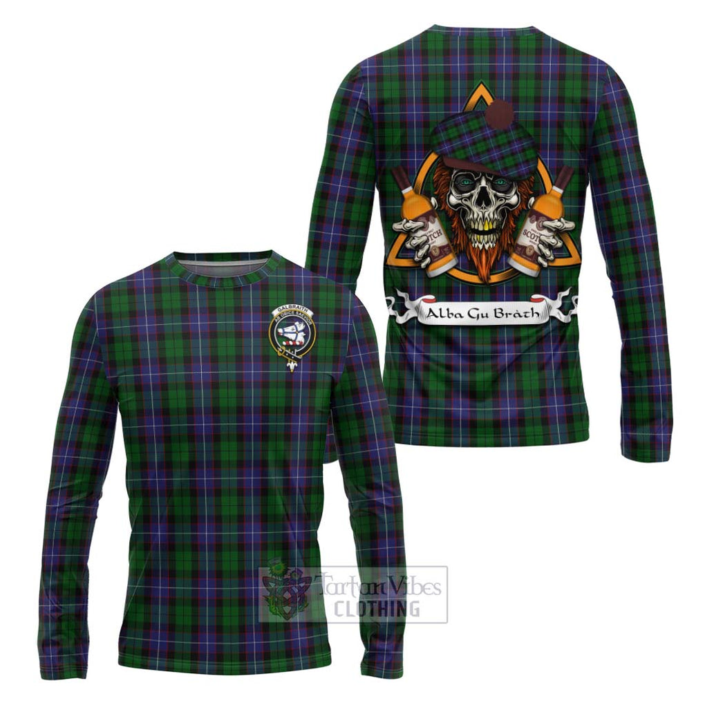 Tartan Vibes Clothing Galbraith Tartan Long Sleeve T-Shirt with Family Crest and Bearded Skull Holding Bottles of Whiskey