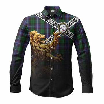 Galbraith Crest Tartan Long Sleeve Button Shirt with Golden Lion Emblem Celtic Style Men's Shirt S - Tartan Vibes Clothing