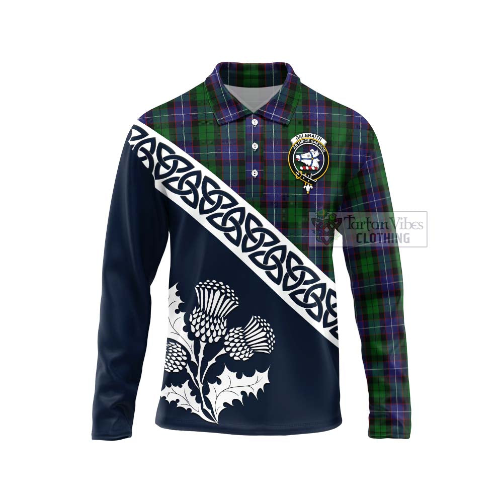 Tartan Vibes Clothing Galbraith Tartan Long Sleeve Polo Shirt Featuring Thistle and Scotland Map