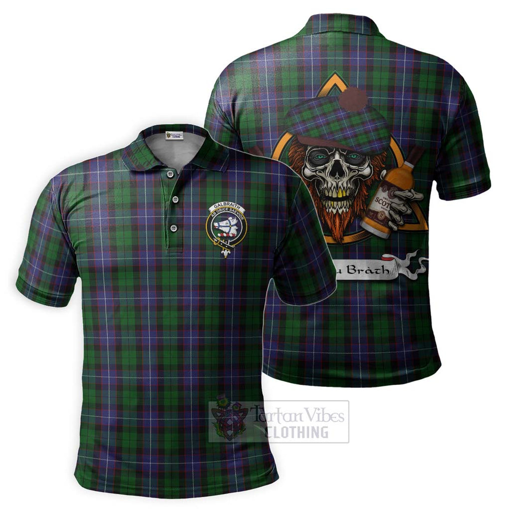 Tartan Vibes Clothing Galbraith Tartan Polo Shirt with Family Crest and Bearded Skull Holding Bottles of Whiskey