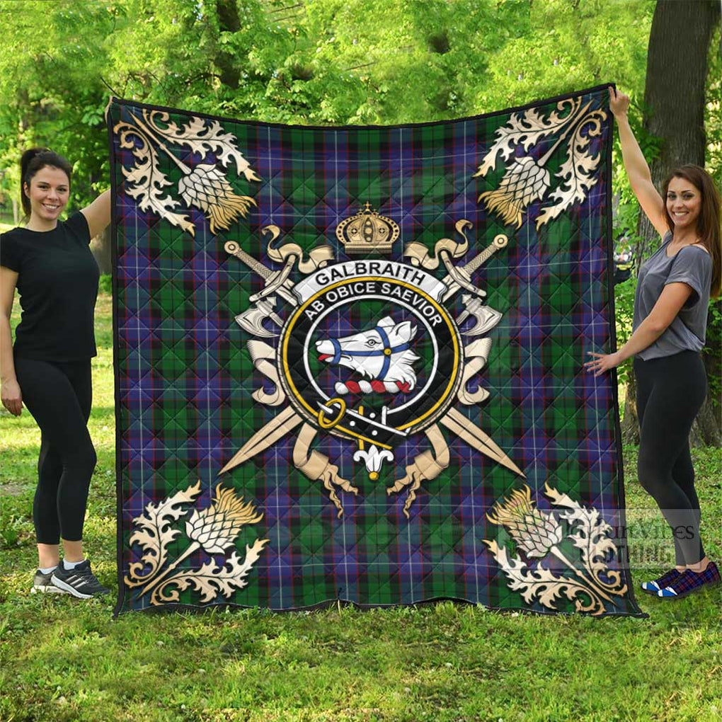 Tartan Vibes Clothing Galbraith Tartan Quilt with Family Crest and Scottish Golden Courage Shield