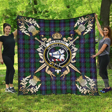 Galbraith Tartan Quilt with Family Crest and Scottish Golden Courage Shield