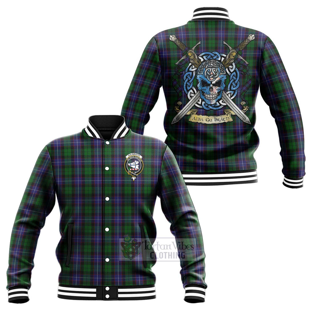 Tartan Vibes Clothing Galbraith Tartan Baseball Jacket with Family Crest Celtic Skull Style