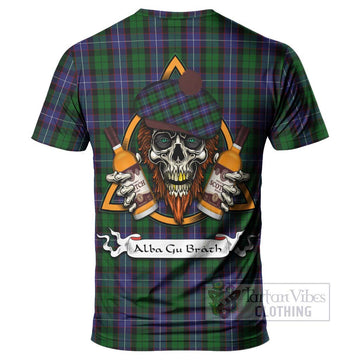 Galbraith Tartan T-Shirt with Family Crest and Bearded Skull Holding Bottles of Whiskey