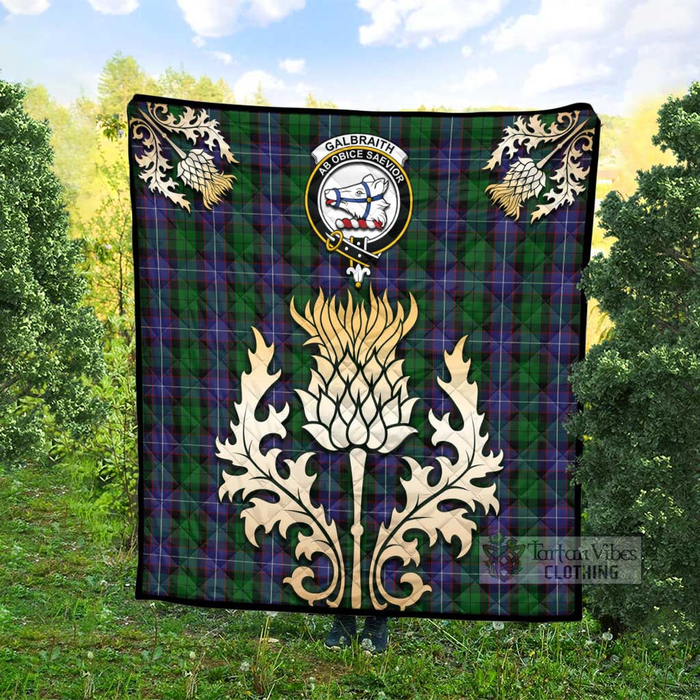 Tartan Vibes Clothing Galbraith Tartan Quilt with Family Crest and Golden Thistle Style