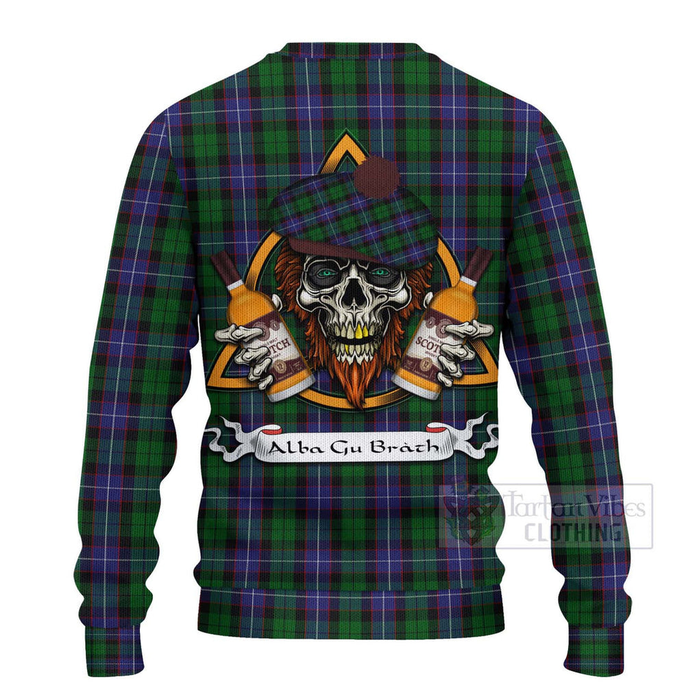 Tartan Vibes Clothing Galbraith Tartan Knitted Sweater with Family Crest and Bearded Skull Holding Bottles of Whiskey