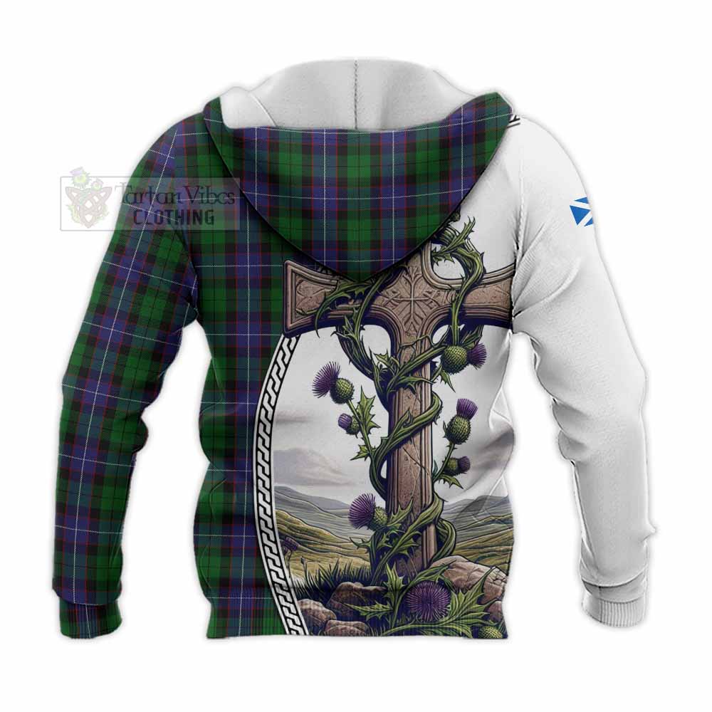 Tartan Vibes Clothing Galbraith Tartan Knitted Hoodie with Family Crest and St. Andrew's Cross Accented by Thistle Vines