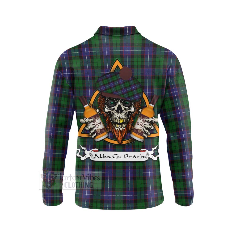 Tartan Vibes Clothing Galbraith Tartan Long Sleeve Polo Shirt with Family Crest and Bearded Skull Holding Bottles of Whiskey