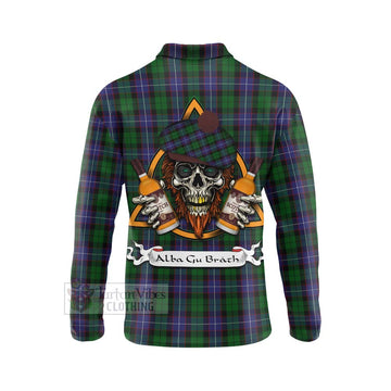 Galbraith Tartan Long Sleeve Polo Shirt with Family Crest and Bearded Skull Holding Bottles of Whiskey