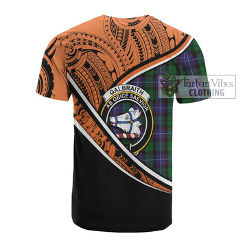 Galbraith Crest Tartan Cotton T-shirt with Polynesian Vibes Style - Orange Version