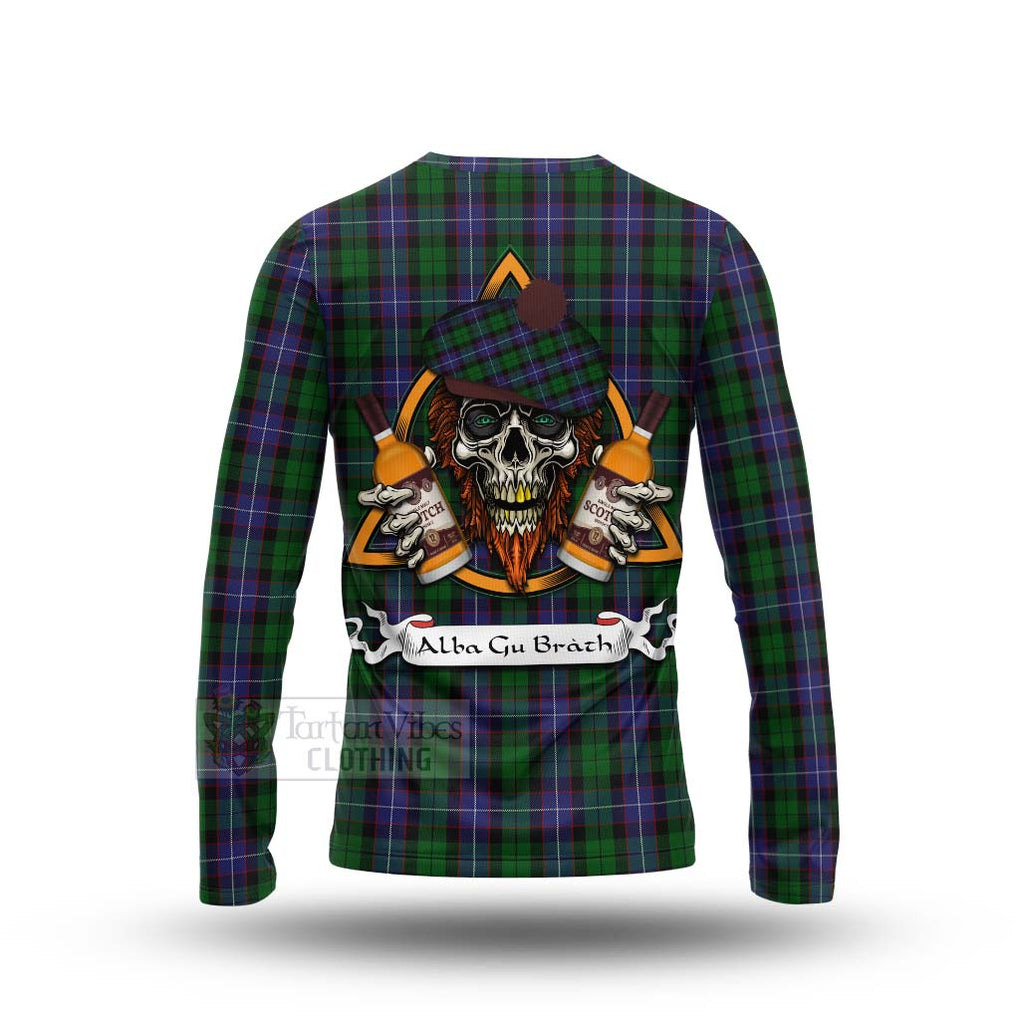 Tartan Vibes Clothing Galbraith Tartan Long Sleeve T-Shirt with Family Crest and Bearded Skull Holding Bottles of Whiskey