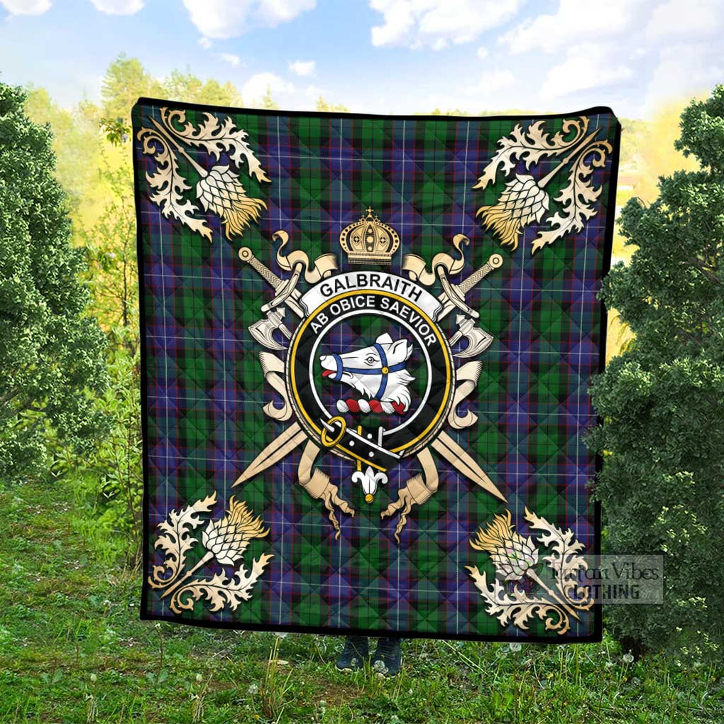 Tartan Vibes Clothing Galbraith Tartan Quilt with Family Crest and Scottish Golden Courage Shield