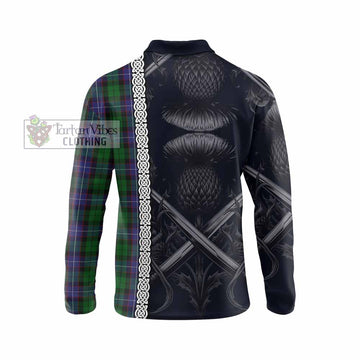 Galbraith Tartan Long Sleeve Polo Shirt with Family Crest Cross Sword Thistle Celtic Vibes