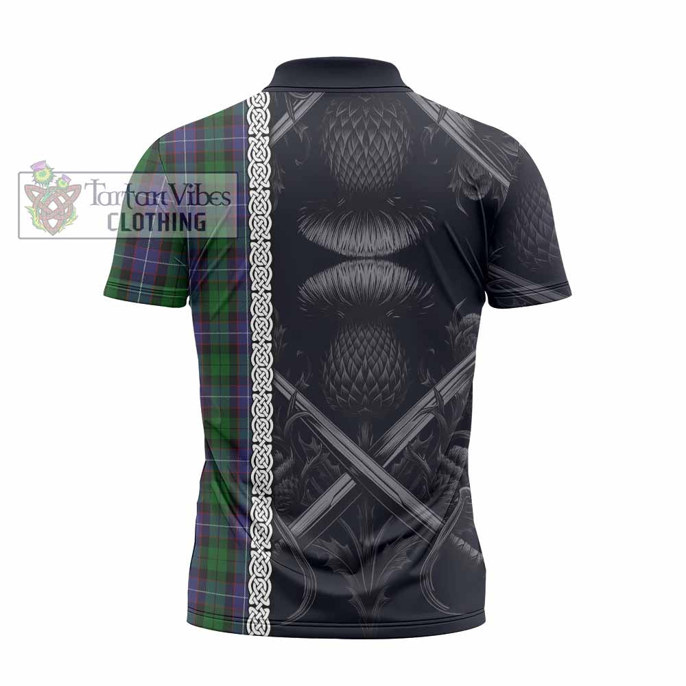 Tartan Vibes Clothing Galbraith Tartan Zipper Polo Shirt with Family Crest Cross Sword Thistle Celtic Vibes