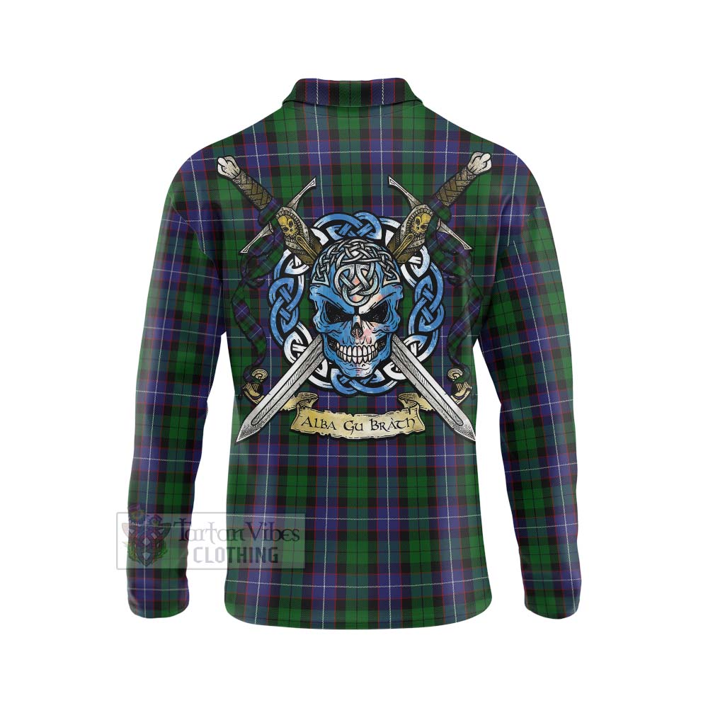 Tartan Vibes Clothing Galbraith Tartan Long Sleeve Polo Shirt with Family Crest Celtic Skull Style