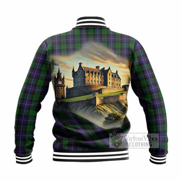 Galbraith Tartan Family Crest Baseball Jacket with Scottish Ancient Castle Style - Tartan Vibes Clothing
