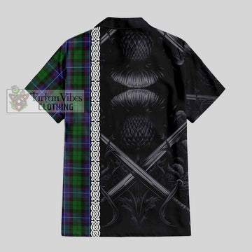 Galbraith Tartan Short Sleeve Button Shirt with Family Crest Cross Sword Thistle Celtic Vibes