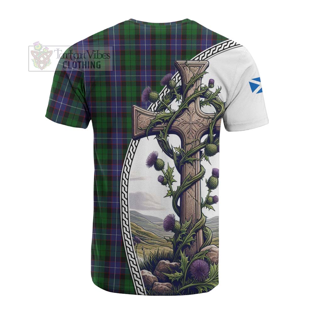 Tartan Vibes Clothing Galbraith Tartan Cotton T-shirt with Family Crest and St. Andrew's Cross Accented by Thistle Vines