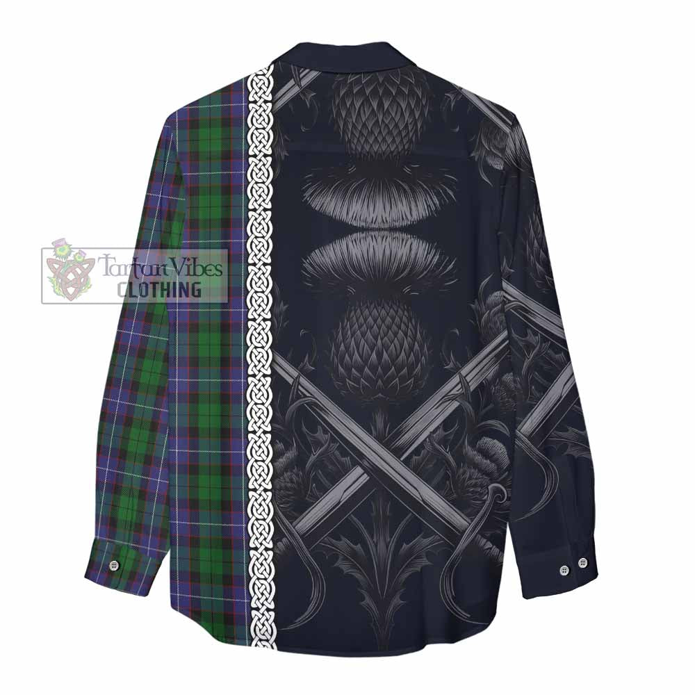 Tartan Vibes Clothing Galbraith Tartan Women's Casual Shirt with Family Crest Cross Sword Thistle Celtic Vibes