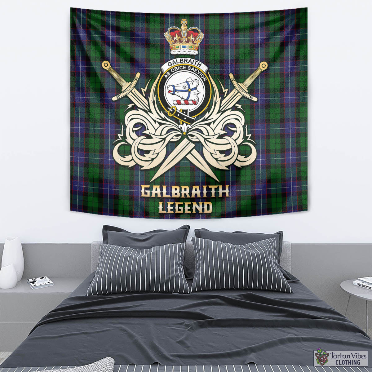 Tartan Vibes Clothing Galbraith Tartan Tapestry with Clan Crest and the Golden Sword of Courageous Legacy