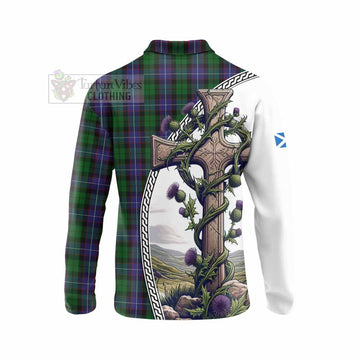 Galbraith Tartan Long Sleeve Polo Shirt with Family Crest and St. Andrew's Cross Accented by Thistle Vines