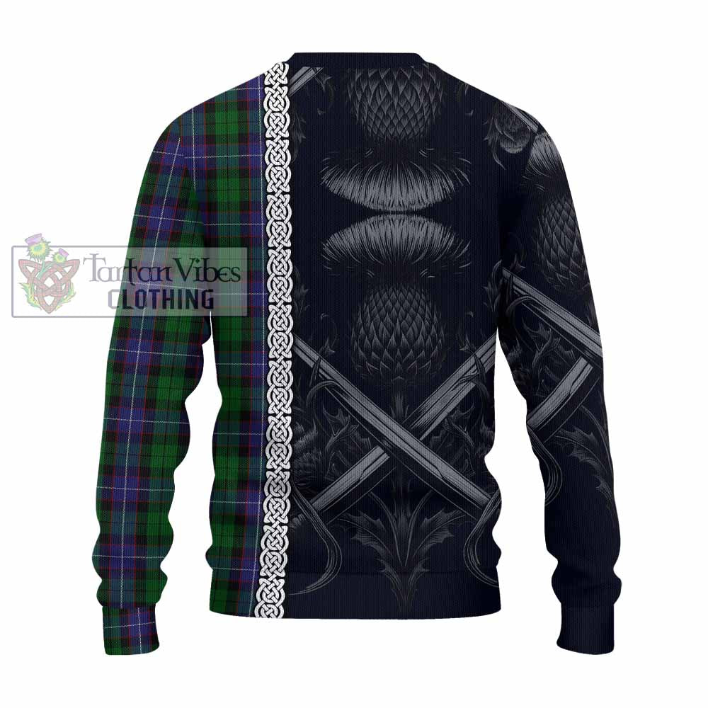 Tartan Vibes Clothing Galbraith Tartan Knitted Sweater with Family Crest Cross Sword Thistle Celtic Vibes