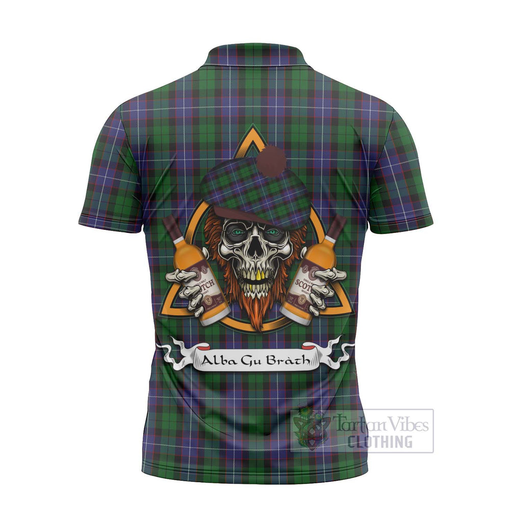 Tartan Vibes Clothing Galbraith Tartan Zipper Polo Shirt with Family Crest and Bearded Skull Holding Bottles of Whiskey