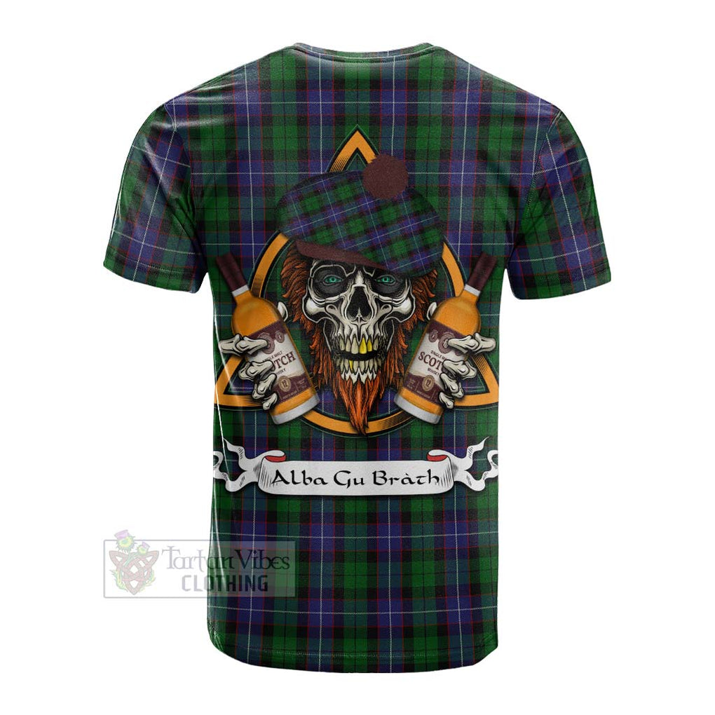 Tartan Vibes Clothing Galbraith Tartan Cotton T-shirt with Family Crest and Bearded Skull Holding Bottles of Whiskey