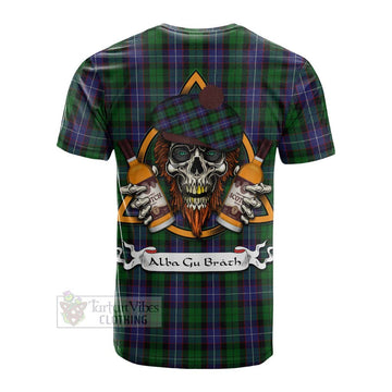 Galbraith Tartan Cotton T-shirt with Family Crest and Bearded Skull Holding Bottles of Whiskey