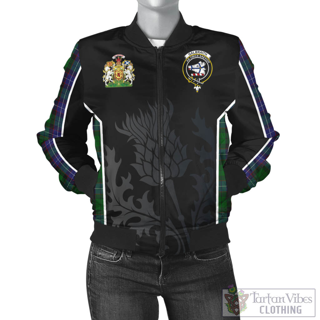 Tartan Vibes Clothing Galbraith Tartan Bomber Jacket with Family Crest and Scottish Thistle Vibes Sport Style