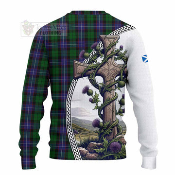 Galbraith Tartan Knitted Sweater with Family Crest and St. Andrew's Cross Accented by Thistle Vines