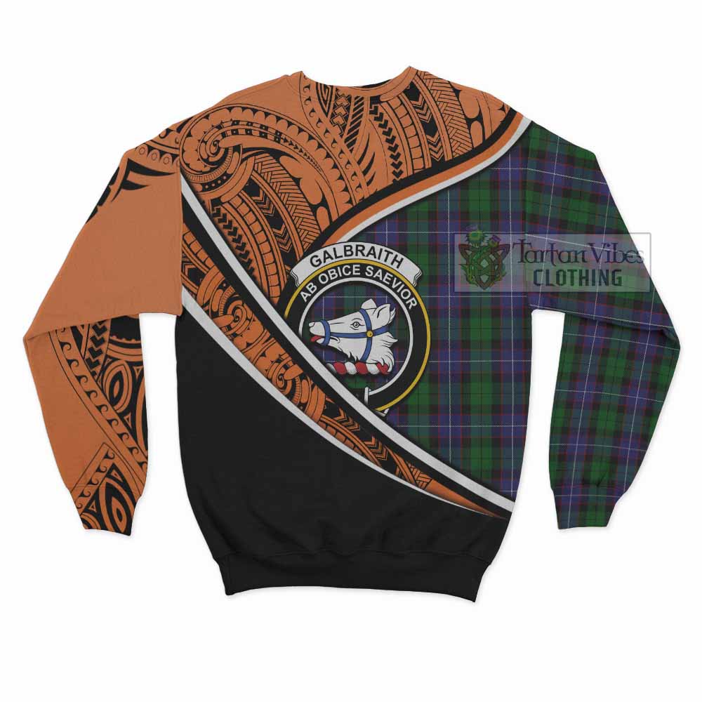 Tartan Vibes Clothing Galbraith Crest Tartan Sweatshirt with Maori Tattoo Style - Orange Version