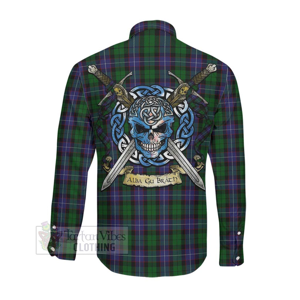 Tartan Vibes Clothing Galbraith Tartan Long Sleeve Button Shirt with Family Crest Celtic Skull Style