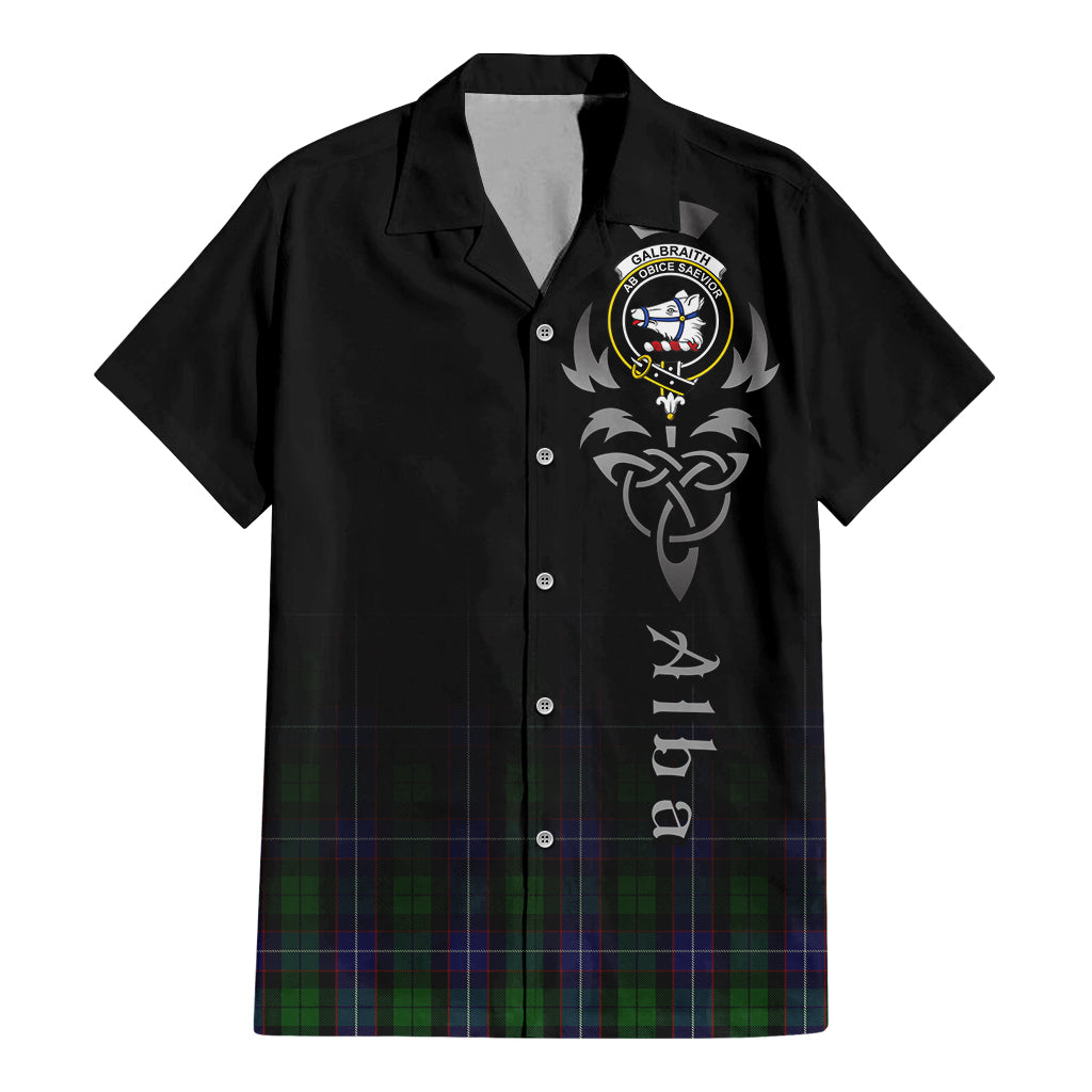 Tartan Vibes Clothing Galbraith Tartan Short Sleeve Button Up Featuring Alba Gu Brath Family Crest Celtic Inspired